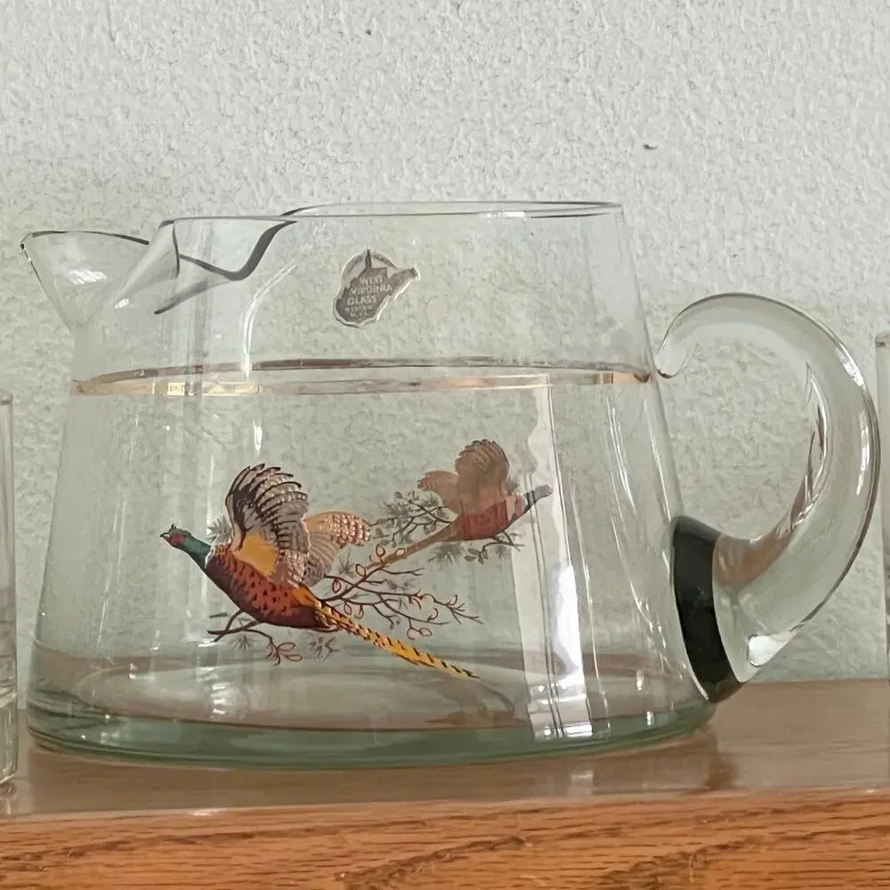 MCM West Virginia Glass Pheasants hand made juice pitcher and four juice glasses